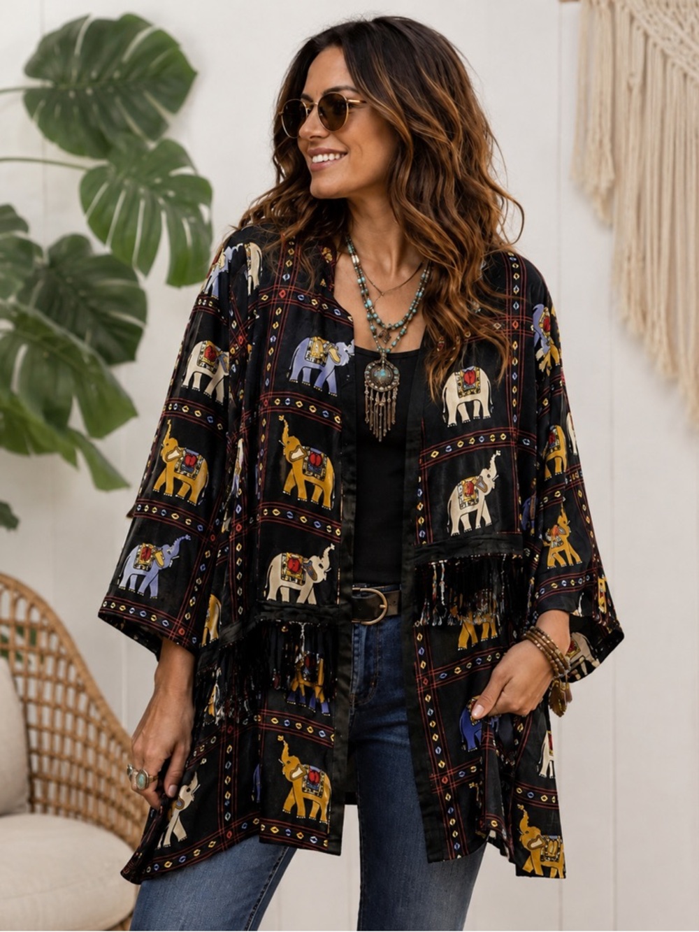 Mamta Womens Boho Kimono Jacket Elephant Print Fringe Autumn Festival